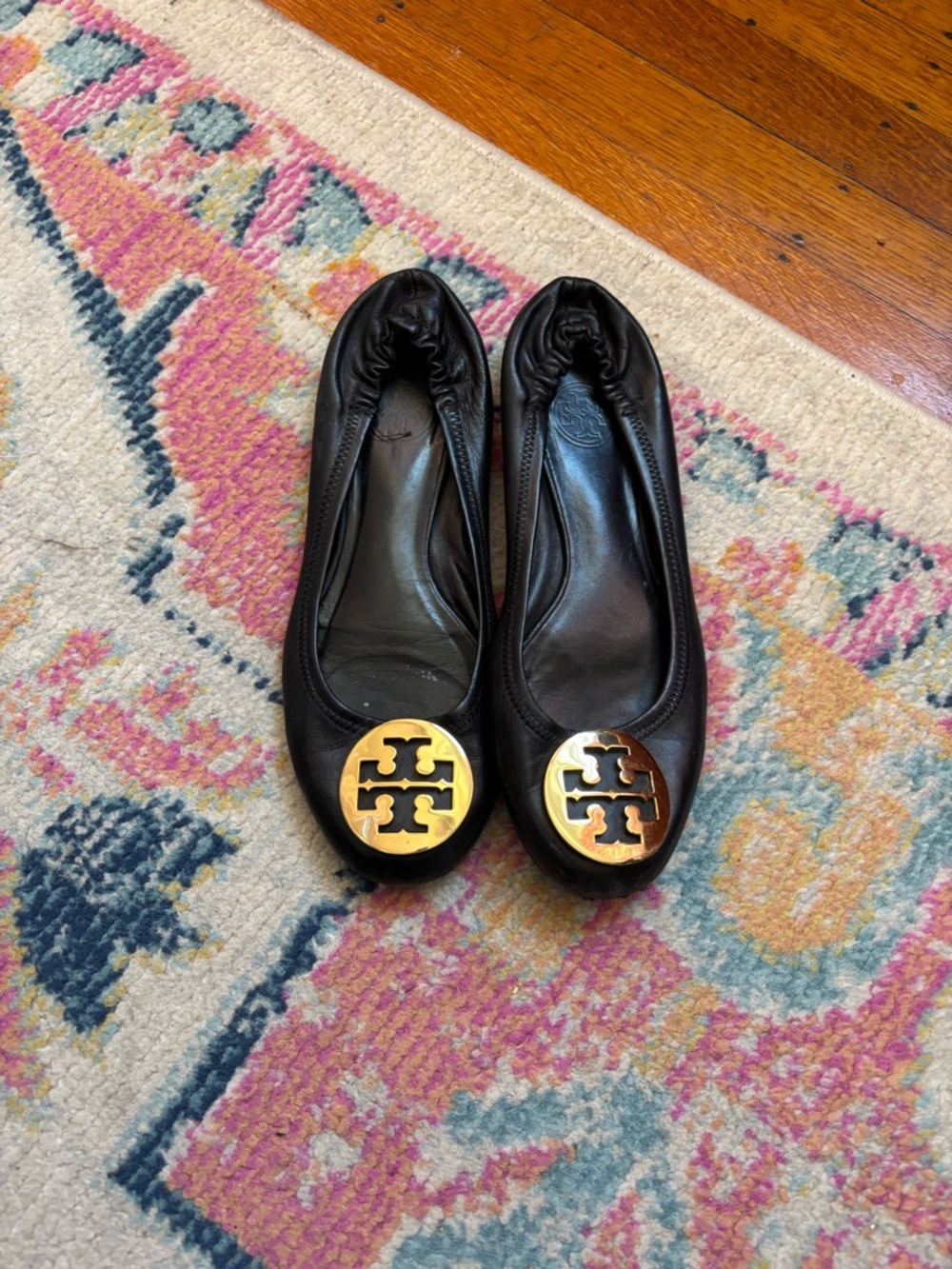 Tory Burch Black Leather Ballet Flats with Gold Logo Medallion